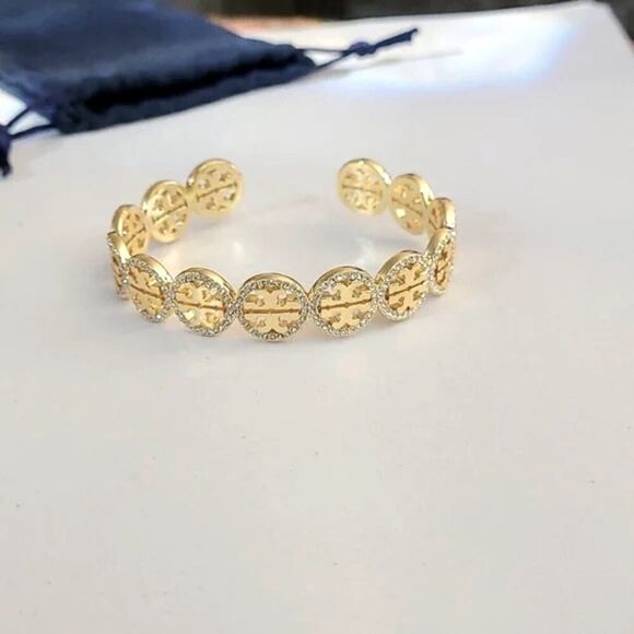 New Tory Burch Gold Logo Round Pave cuff Bracelet, Comes With Dust Bag - Picture 2 of 4